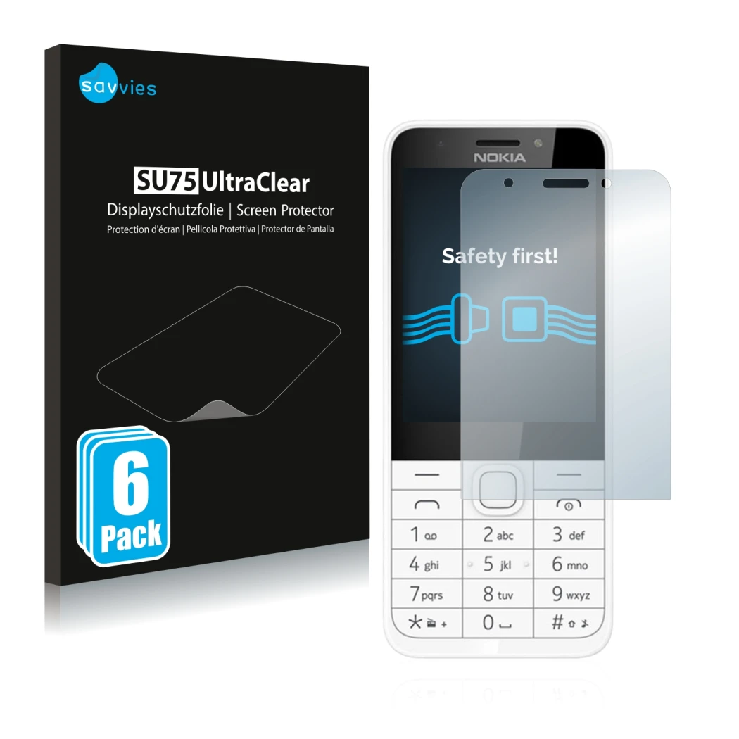 Face avant d’un emballage produit avec le logo de la marque Savvies. À côté, l’appareil Nokia 230 est représenté avec la prote