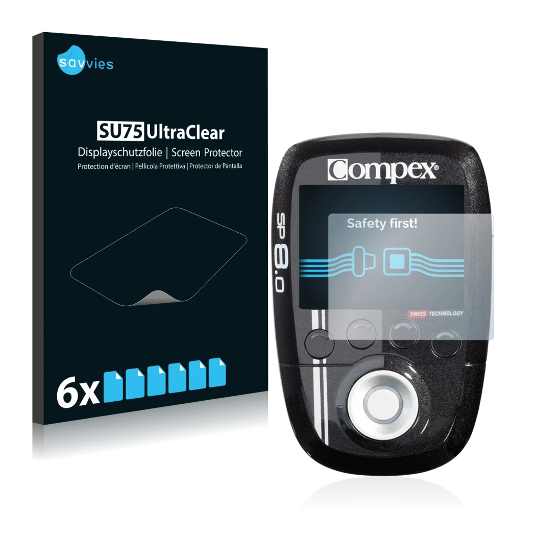Face avant d’un emballage produit avec le logo de la marque Savvies. À côté, l’appareil Compex SP 8.0 est représenté avec la p