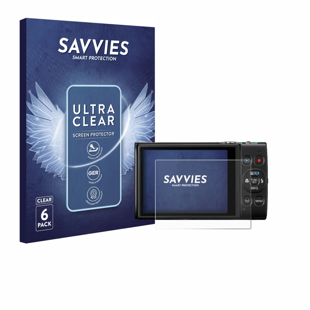 Face avant d’un emballage produit avec le logo de la marque Savvies. À côté, l’appareil Canon Digital Ixus 285 hs est représen