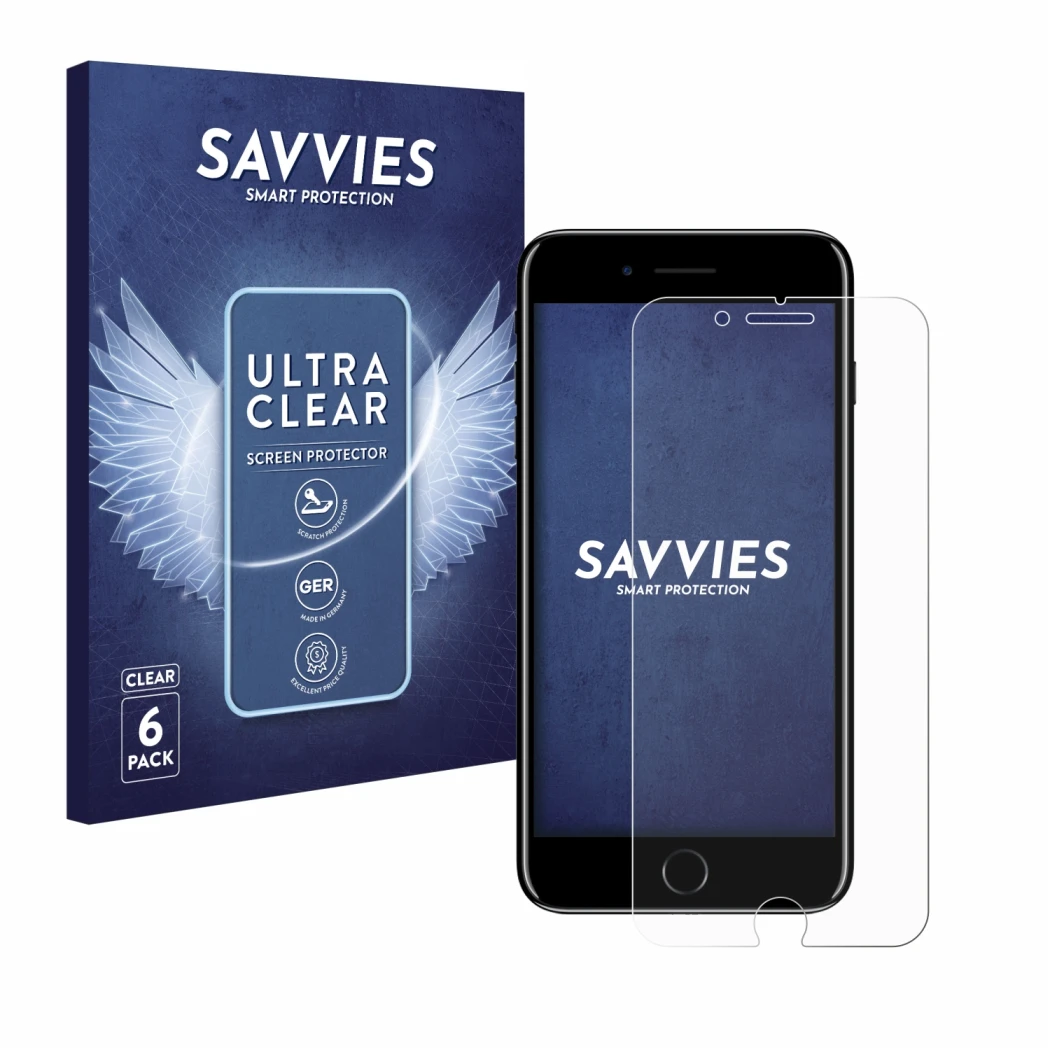 Face avant d’un emballage produit avec le logo de la marque Savvies. À côté, l’appareil Apple iPhone 7 Plus est représenté ave