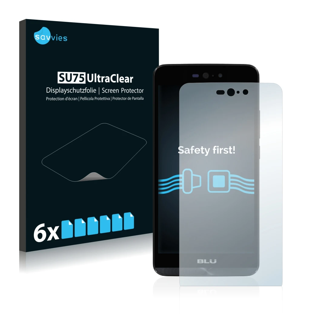 Face avant d’un emballage produit avec le logo de la marque Savvies. À côté, l’appareil BLU Dash X LTE est représenté avec la 