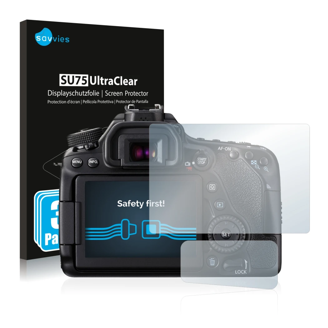 Face avant d’un emballage produit avec le logo de la marque Savvies. À côté, l’appareil Canon EOS 80D est représenté avec la p