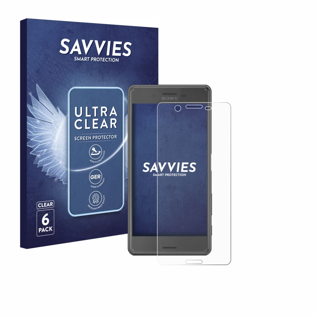 Face avant d’un emballage produit avec le logo de la marque Savvies. À côté, l’appareil Sony Xperia X Performance est représen