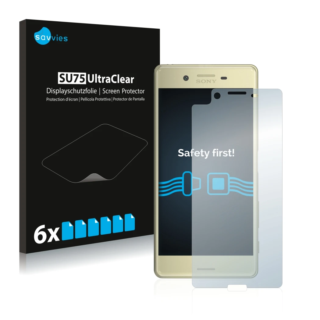 Face avant d’un emballage produit avec le logo de la marque Savvies. À côté, l’appareil Sony Xperia X est représenté avec la p