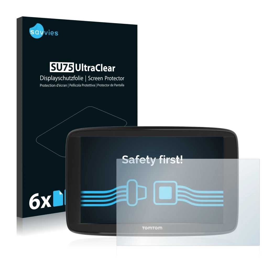 Face avant d’un emballage produit avec le logo de la marque Savvies. À côté, l’appareil TomTom Start 62 est représenté avec la
