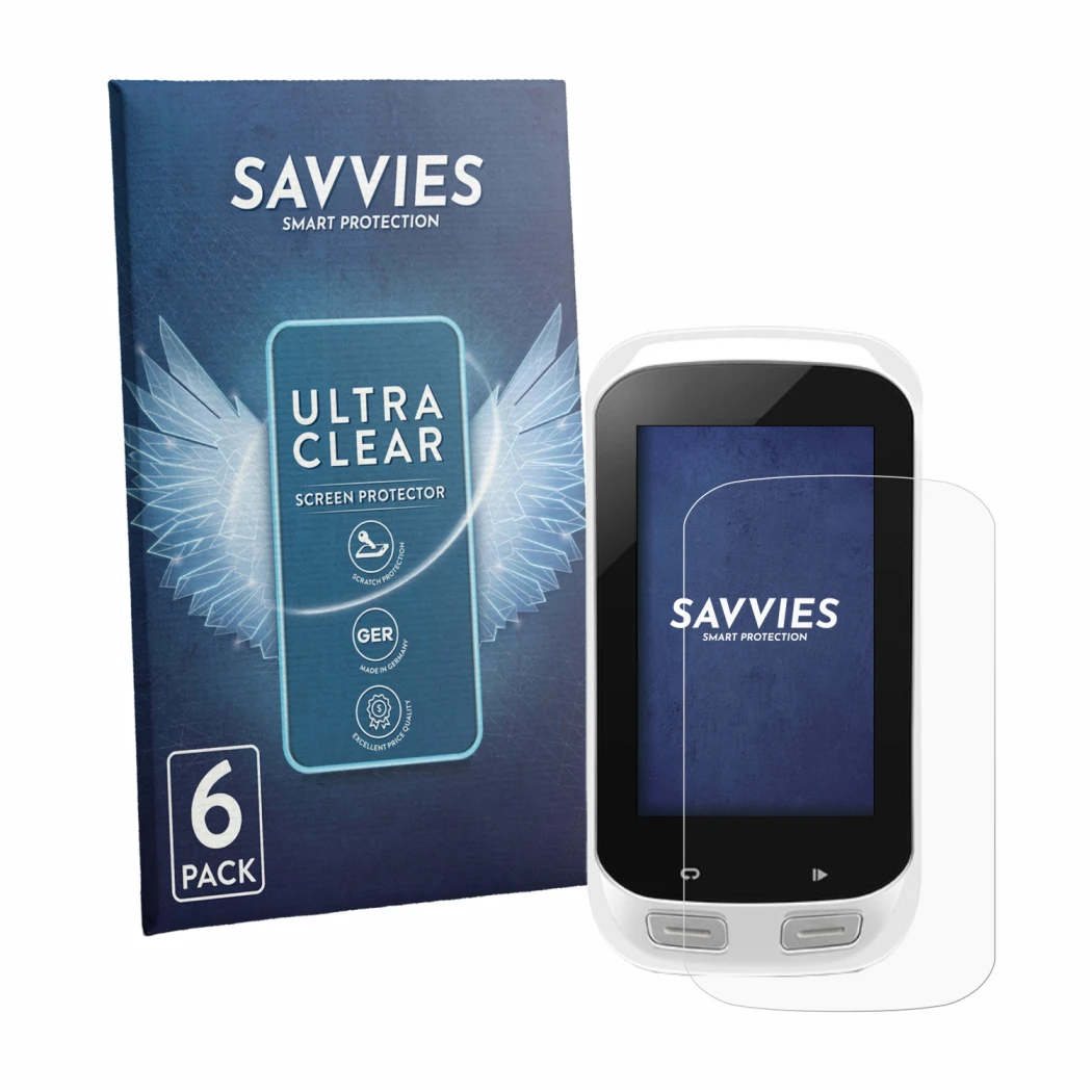 Face avant d’un emballage produit avec le logo de la marque Savvies. À côté, l’appareil Garmin Edge Explore 1000 est représent