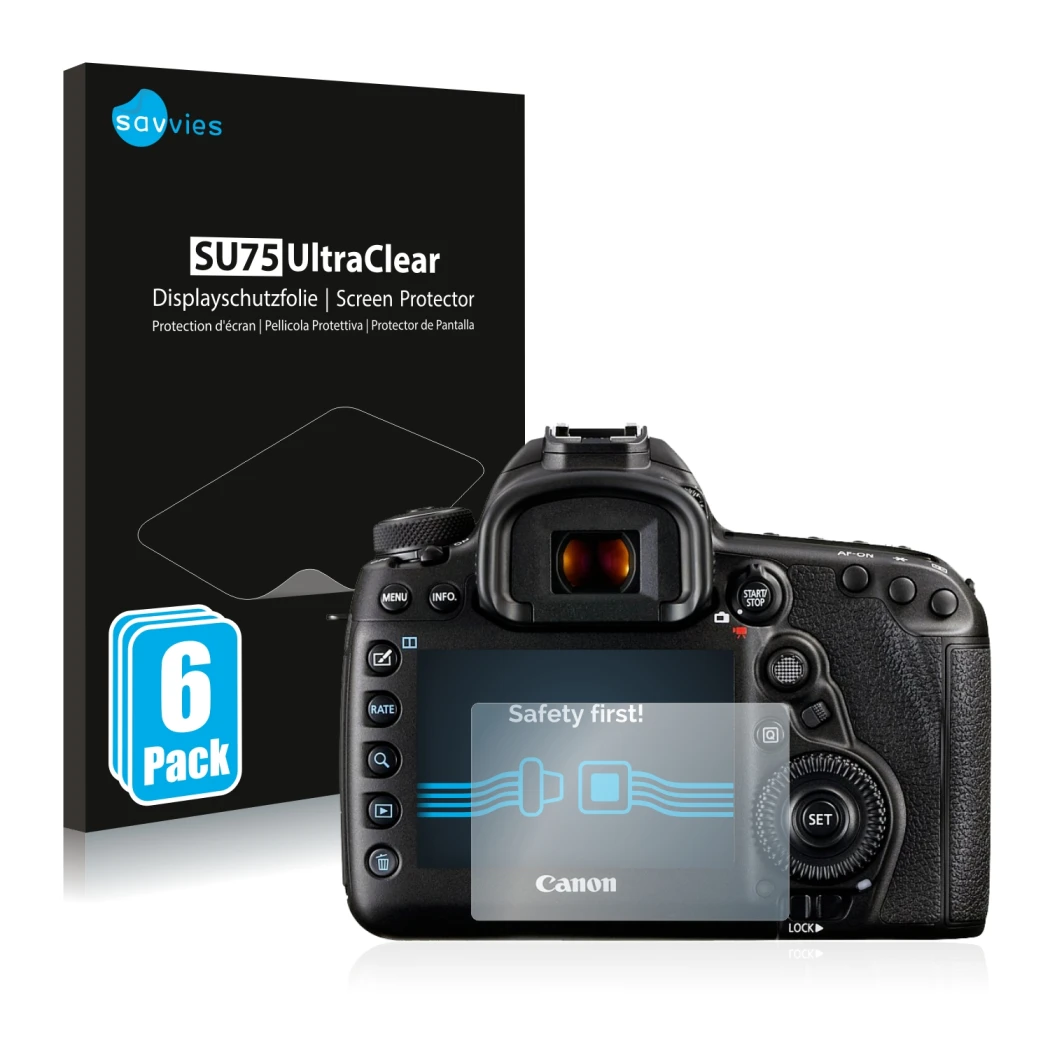 Face avant d’un emballage produit avec le logo de la marque Savvies. À côté, l’appareil Canon EOS 5D Mark IV est représenté av