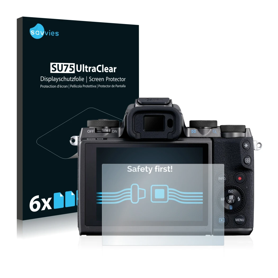 Face avant d’un emballage produit avec le logo de la marque Savvies. À côté, l’appareil Canon EOS M5 est représenté avec la pr