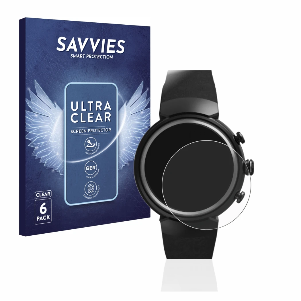 Face avant d’un emballage produit avec le logo de la marque Savvies. À côté, l’appareil ASUS ZenWatch 3 1.39