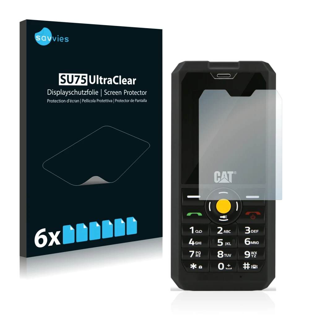 Face avant d’un emballage produit avec le logo de la marque Savvies. À côté, l’appareil Caterpillar Cat B30 est représenté ave