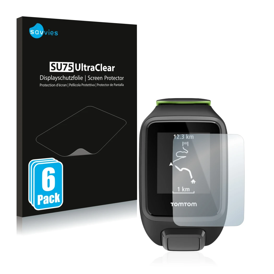 Face avant d’un emballage produit avec le logo de la marque Savvies. À côté, l’appareil TomTom Runner 3 est représenté avec la