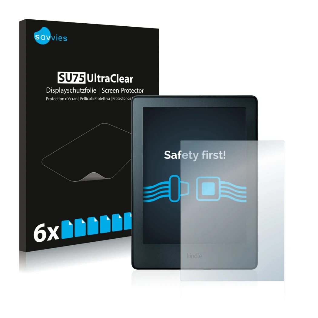 Face avant d’un emballage produit avec le logo de la marque Savvies. À côté, l’appareil Amazon Kindle 2016 (8ème Gen.) est rep