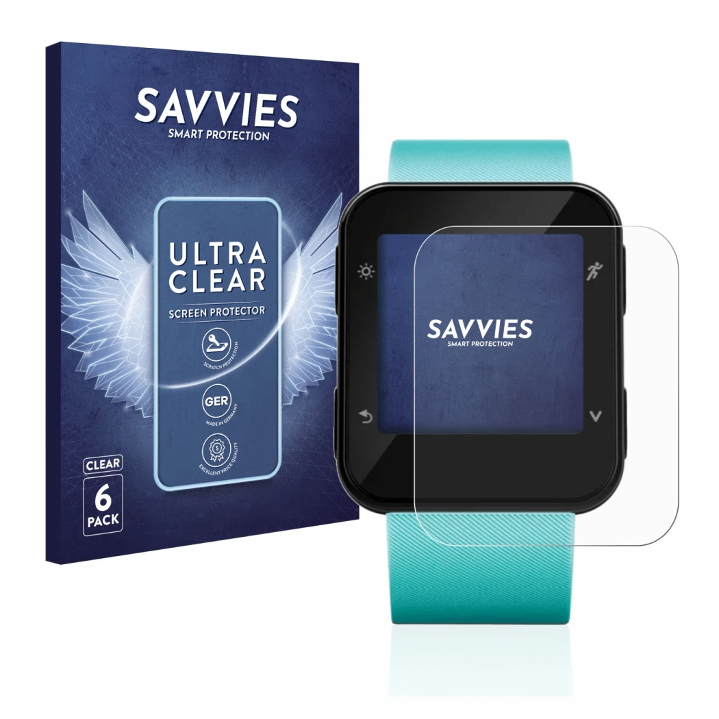Face avant d’un emballage produit avec le logo de la marque Savvies. À côté, l’appareil Garmin Forerunner 35 est représenté av