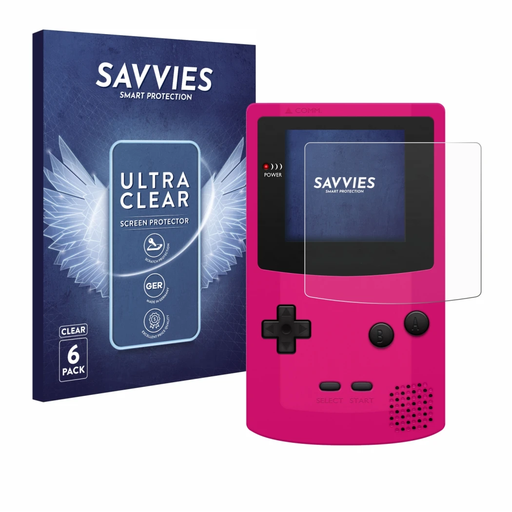 Face avant d’un emballage produit avec le logo de la marque Savvies. À côté, l’appareil Nintendo Gameboy Color est représenté 