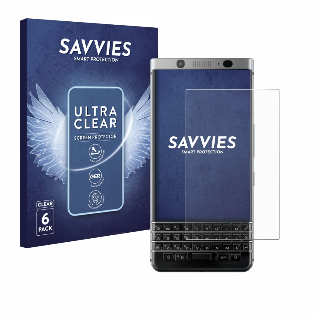 Face avant d’un emballage produit avec le logo de la marque Savvies. À côté, l’appareil BlackBerry Keyone est représenté avec 