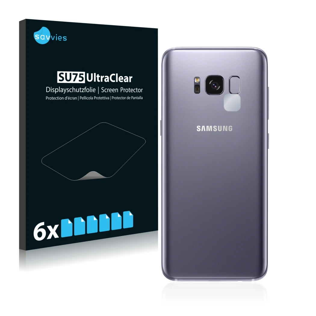 Face avant d’un emballage produit avec le logo de la marque Savvies. À côté, l’appareil Samsung Galaxy S8 (Caméra UNIQUEMENT) 