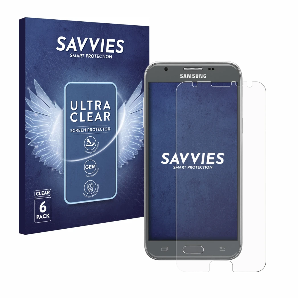Face avant d’un emballage produit avec le logo de la marque Savvies. À côté, l’appareil Samsung Galaxy J3 2017 est représenté 