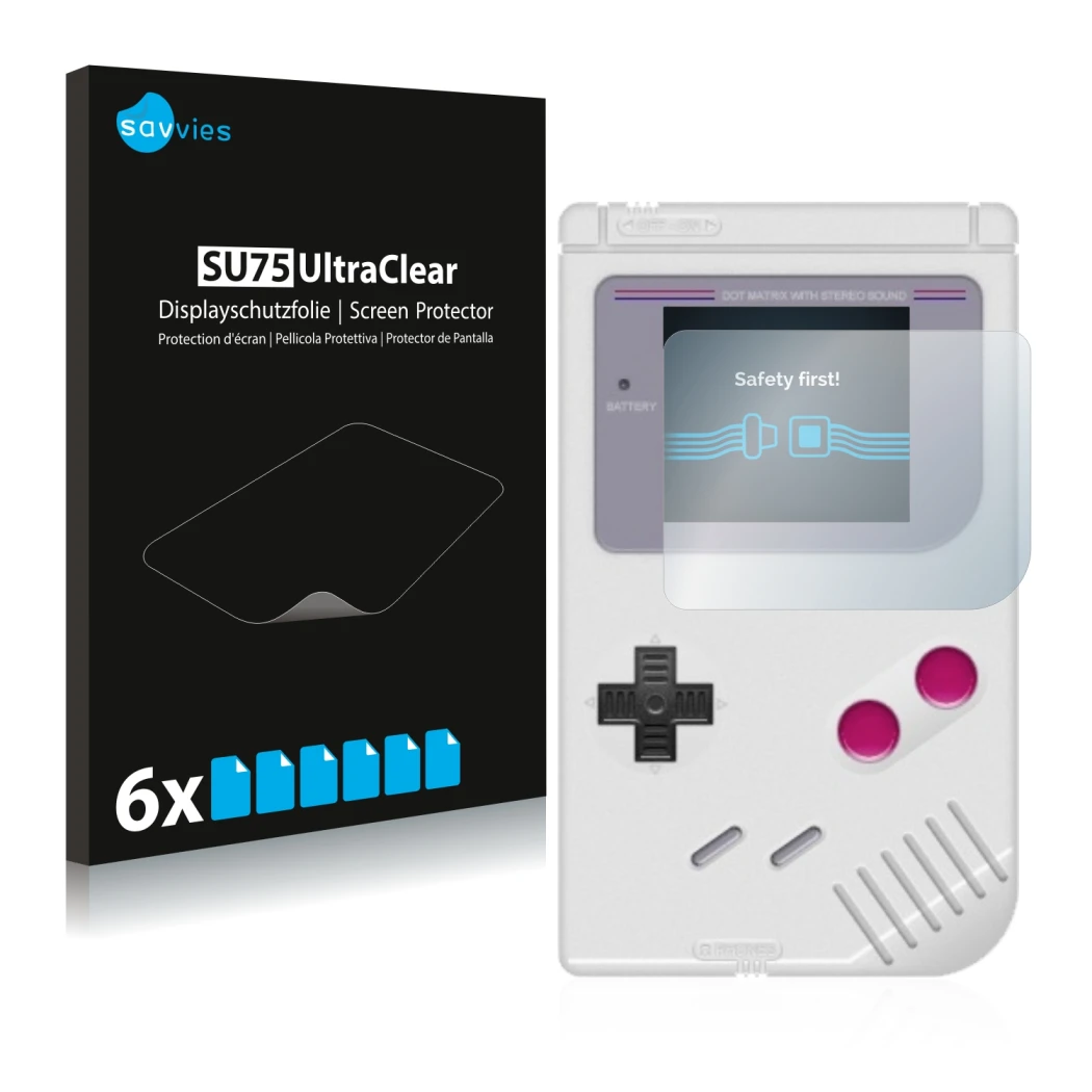 Face avant d’un emballage produit avec le logo de la marque Savvies. À côté, l’appareil Nintendo Gameboy (1989) est représenté