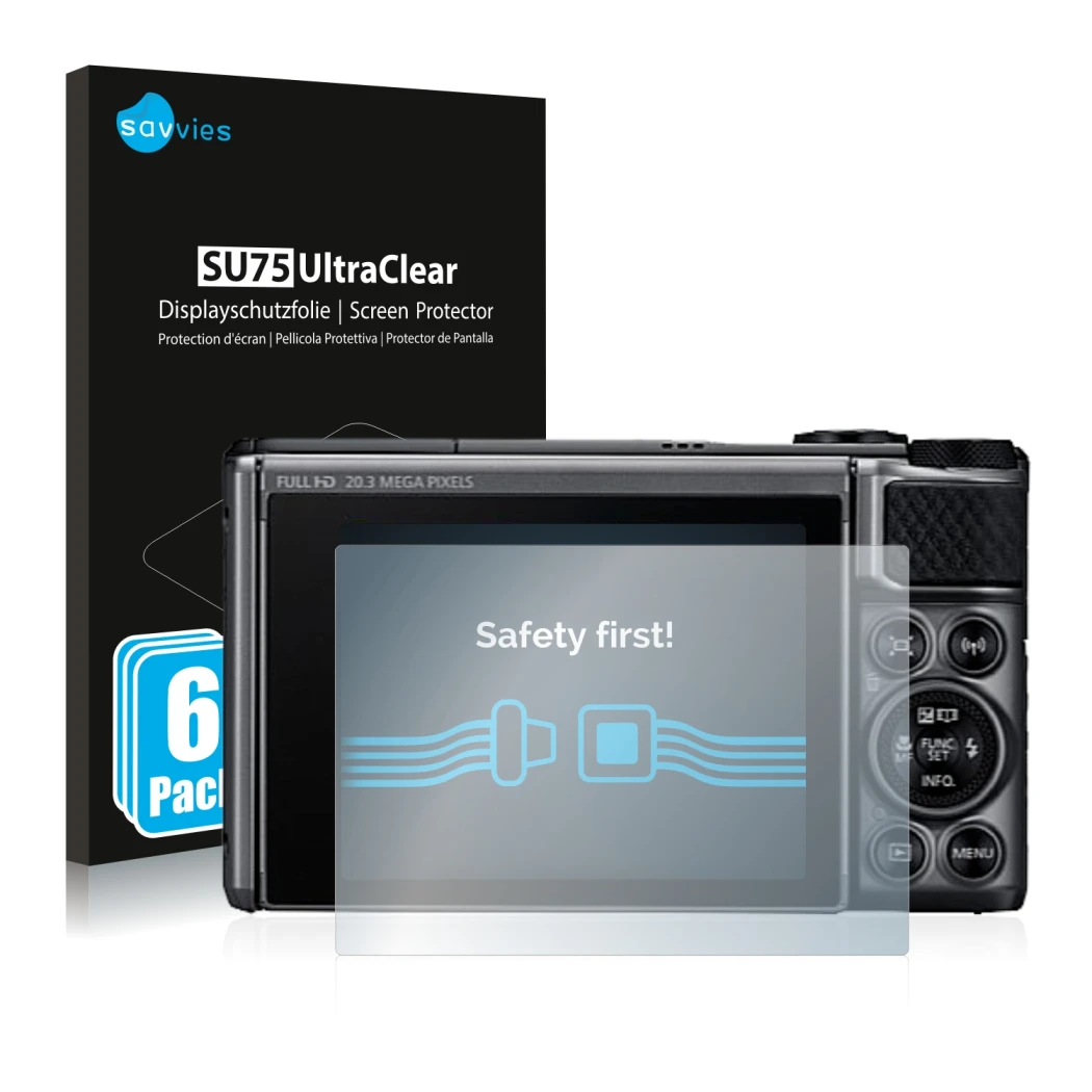 Face avant d’un emballage produit avec le logo de la marque Savvies. À côté, l’appareil Canon PowerShot SX730 HS est représent