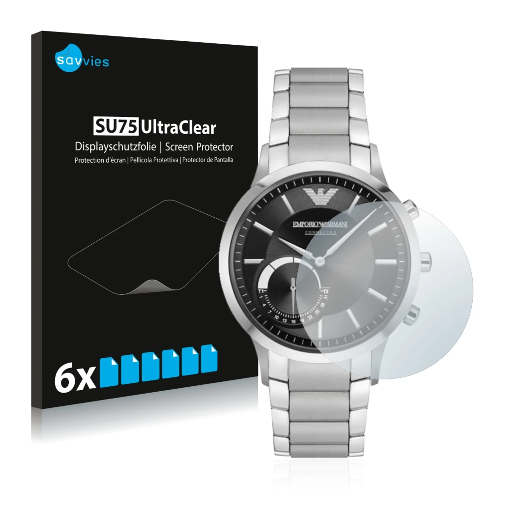 Face avant d’un emballage produit avec le logo de la marque Savvies. À côté, l’appareil Emporio Armani Connected Smartwatch Hy