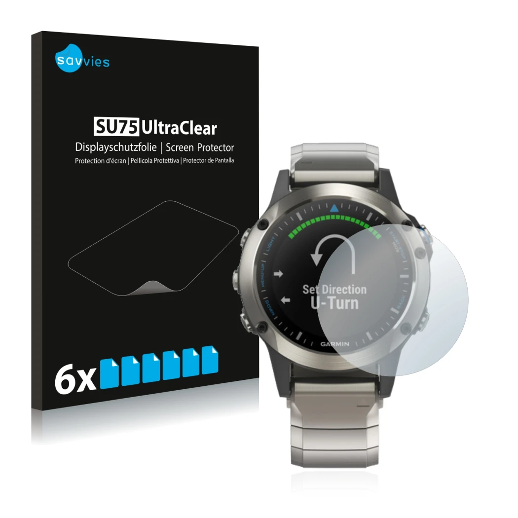 Face avant d’un emballage produit avec le logo de la marque Savvies. À côté, l’appareil Garmin quatix 5 est représenté avec la