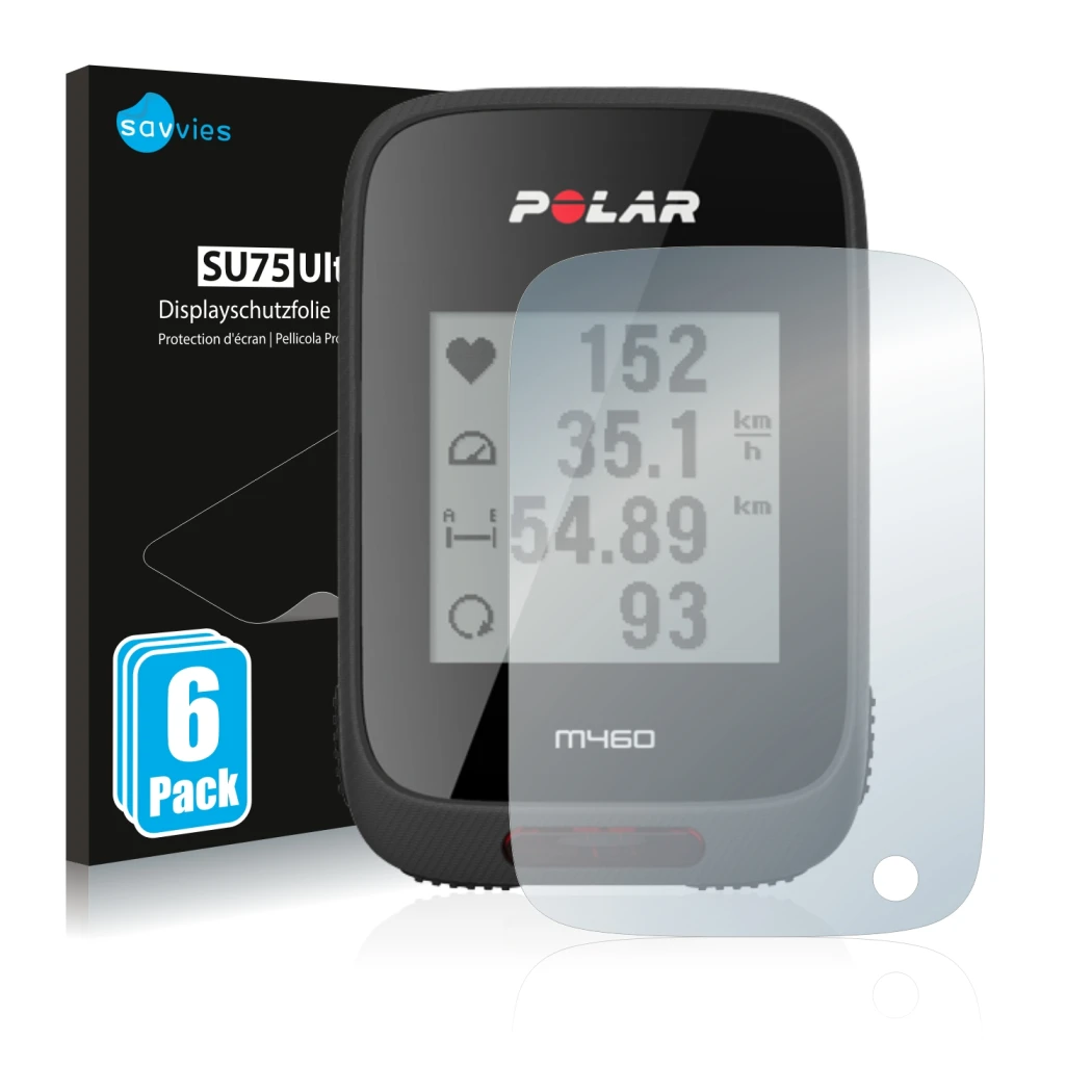 Face avant d’un emballage produit avec le logo de la marque Savvies. À côté, l’appareil Polar M460 est représenté avec la prot