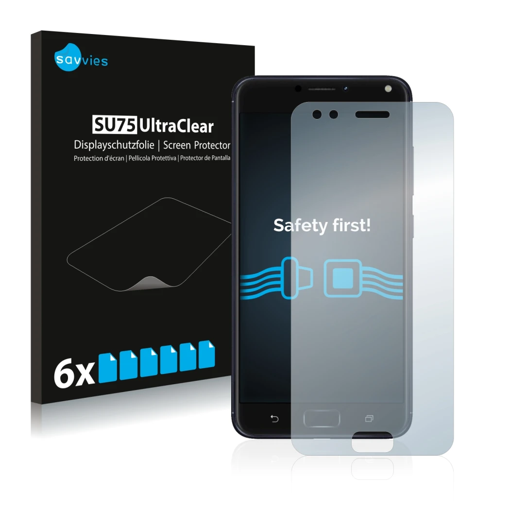 Face avant d’un emballage produit avec le logo de la marque Savvies. À côté, l’appareil ASUS ZenFone 4 ZE554KL est représenté 