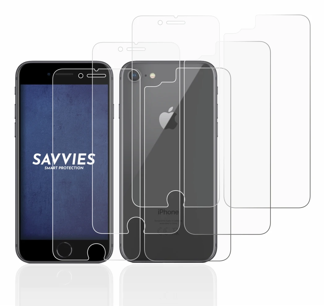 Image de l'appareil Apple iPhone 8 (Avant+Arrière) avec une grande variété de protections d'écran.