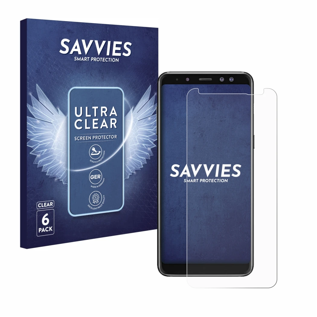 Face avant d’un emballage produit avec le logo de la marque Savvies. À côté, l’appareil Samsung Galaxy A8 2018 est représenté 