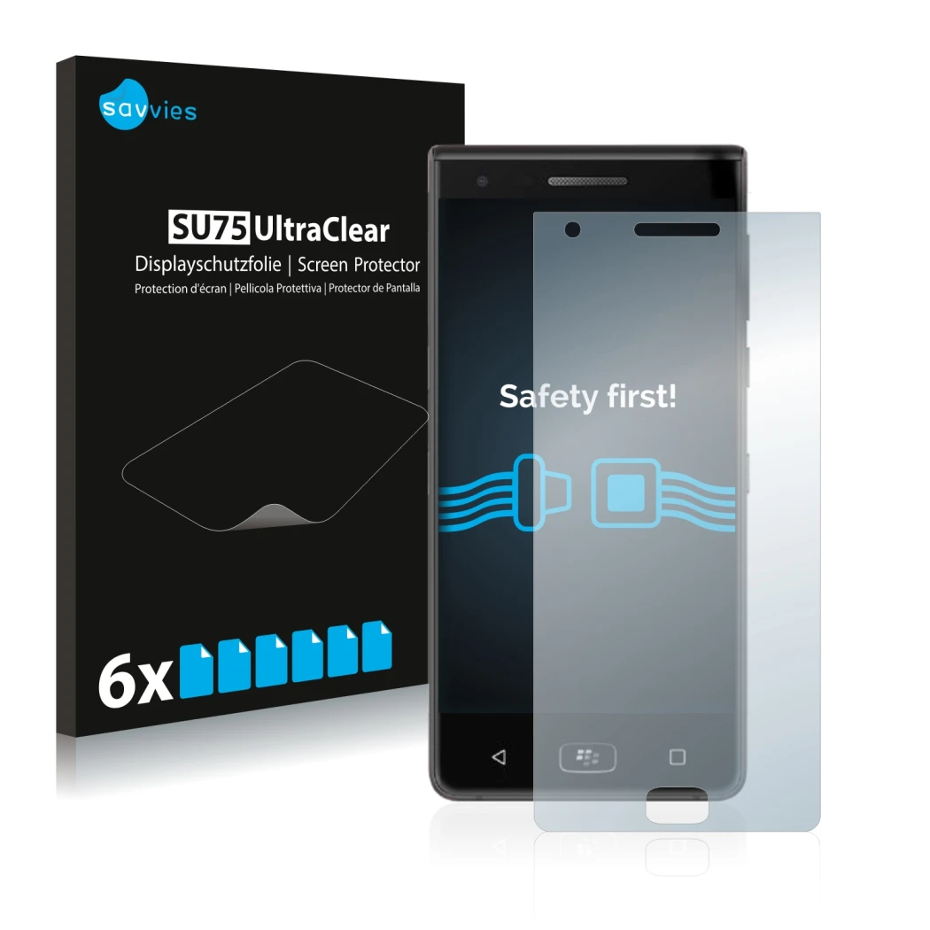 Face avant d’un emballage produit avec le logo de la marque Savvies. À côté, l’appareil BlackBerry Motion 2017 est représenté 