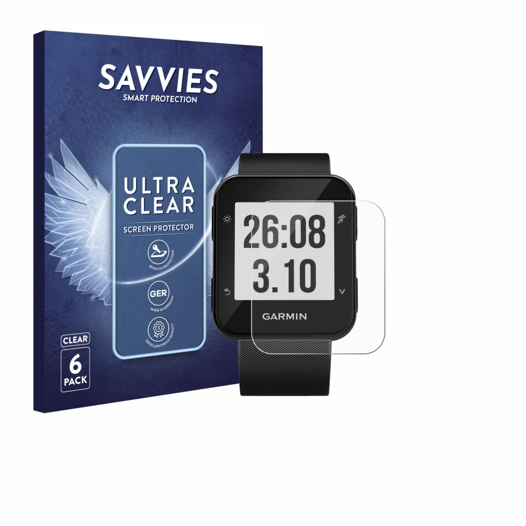 Face avant d’un emballage produit avec le logo de la marque Savvies. À côté, l’appareil Garmin Forerunner 30 est représenté av
