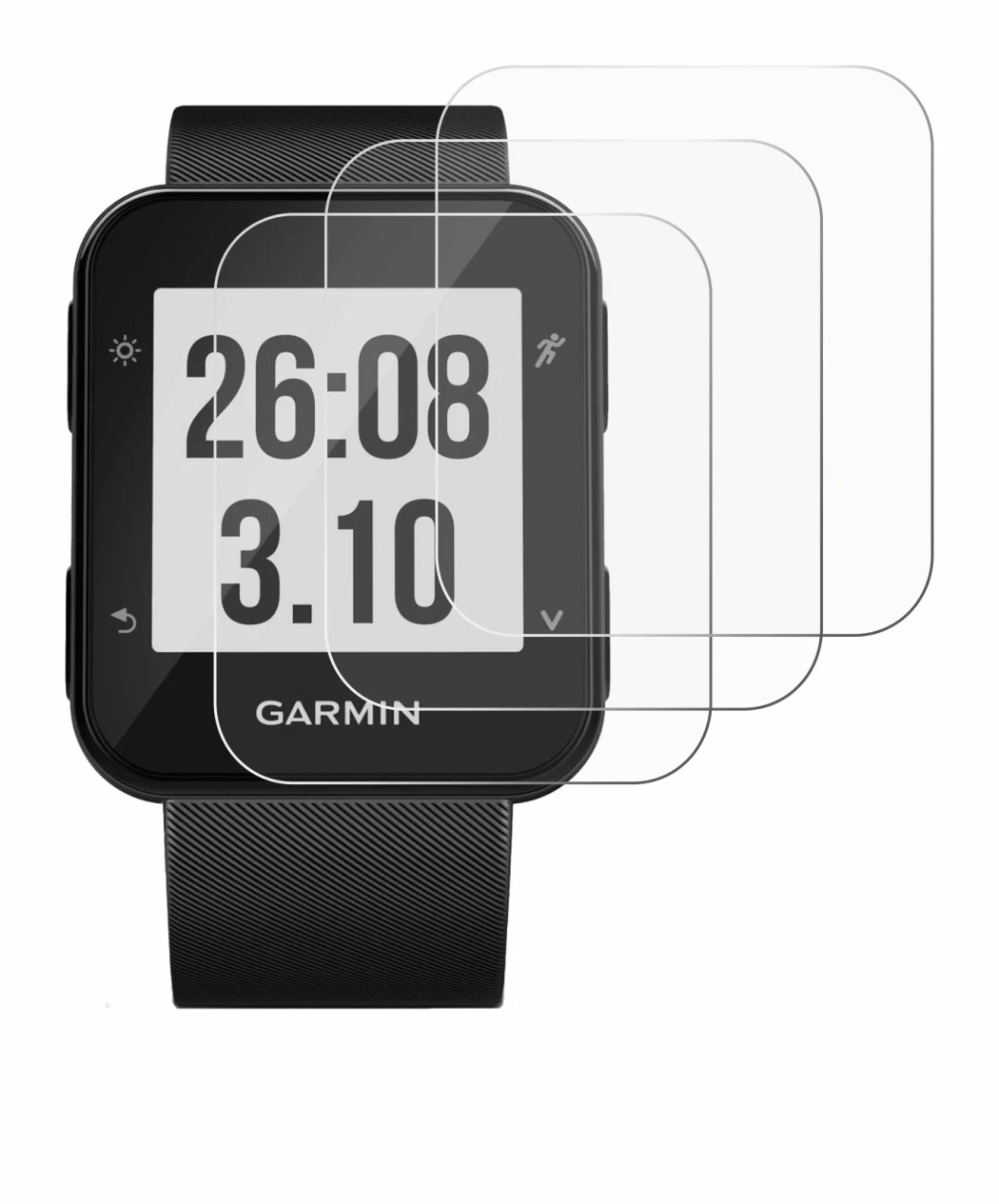 Image de l'appareil Garmin Forerunner 30 avec une grande variété de protections d'écran.