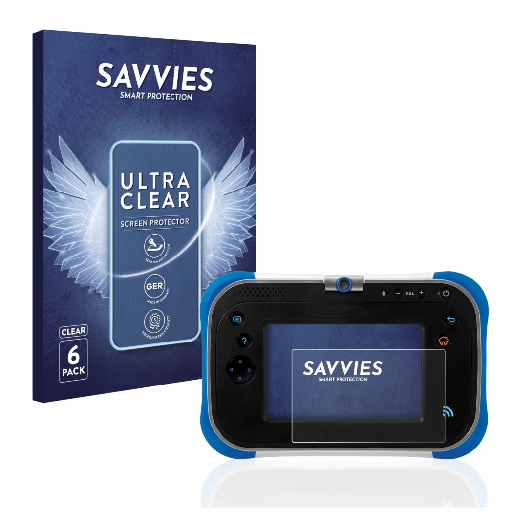 Face avant d’un emballage produit avec le logo de la marque Savvies. À côté, l’appareil Vtech Storio Max 2.0 est représenté av