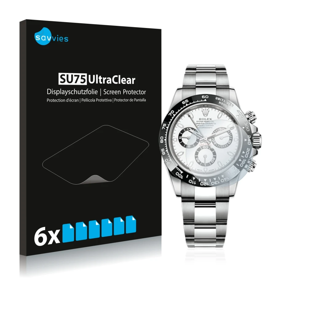 Face avant d’un emballage produit avec le logo de la marque Savvies. À côté, l’appareil Rolex Cosmograph Daytona (40 mm) est r