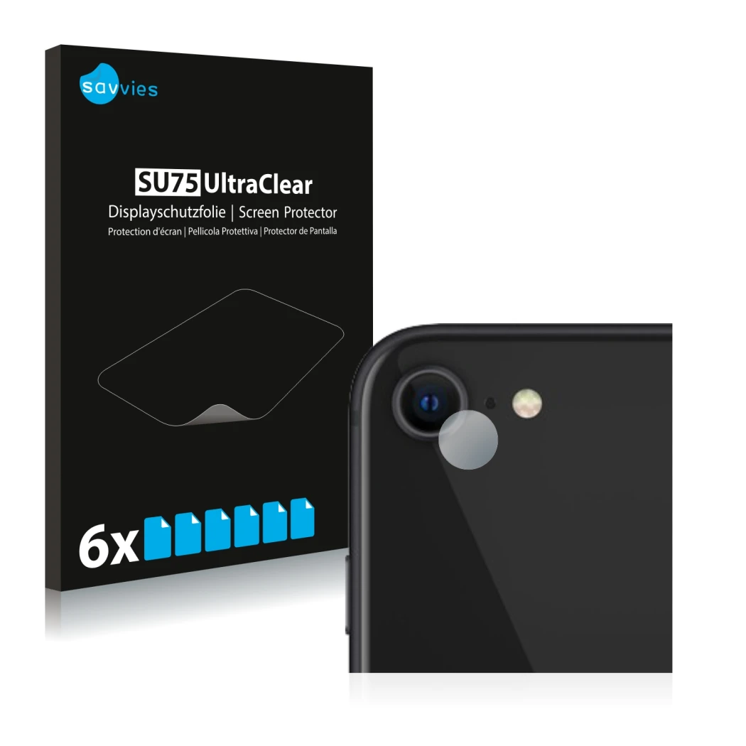 Face avant d’un emballage produit avec le logo de la marque Savvies. À côté, l’appareil Apple iPhone SE 2 2020 (Caméra UNIQUEM