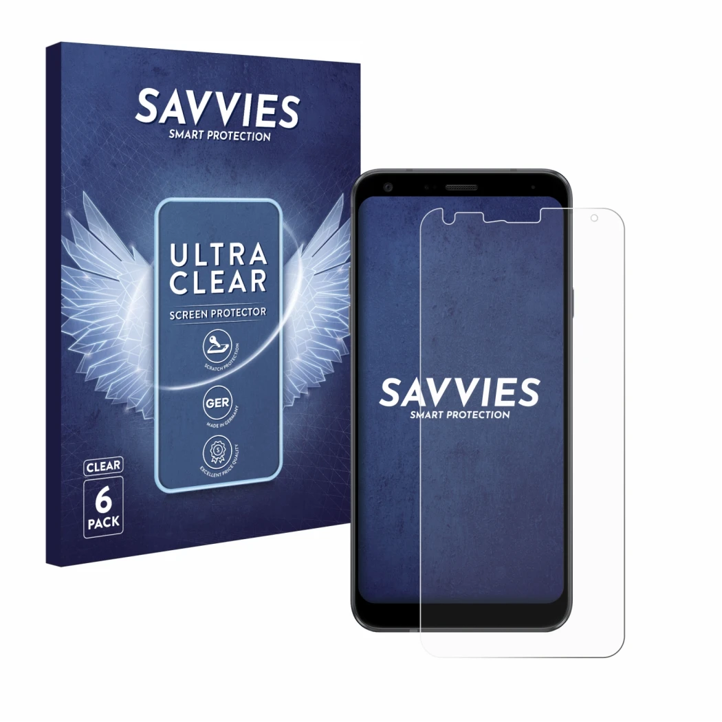 Face avant d’un emballage produit avec le logo de la marque Savvies. À côté, l’appareil LG Q7 est représenté avec la protectio