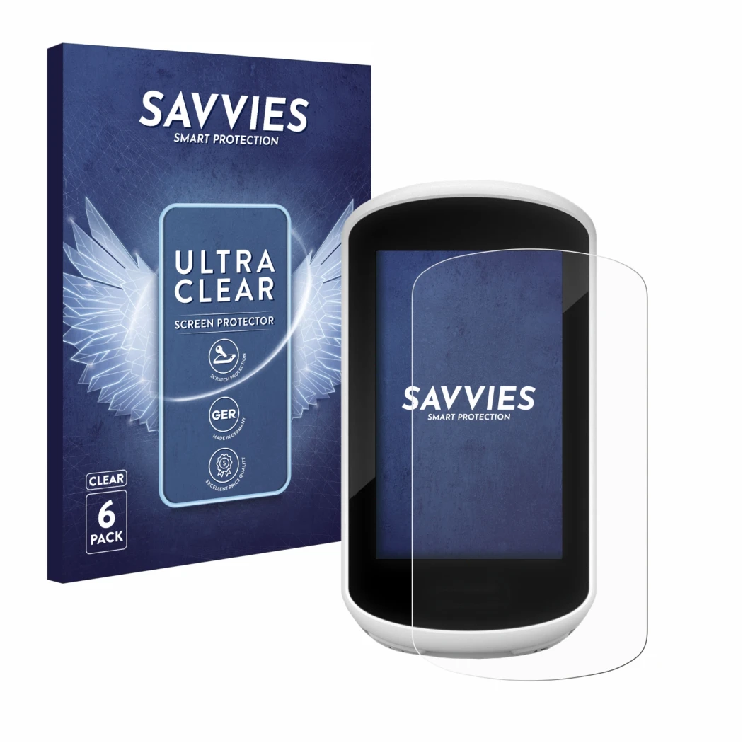 Face avant d’un emballage produit avec le logo de la marque Savvies. À côté, l’appareil Garmin Edge Explore 2018 est représent