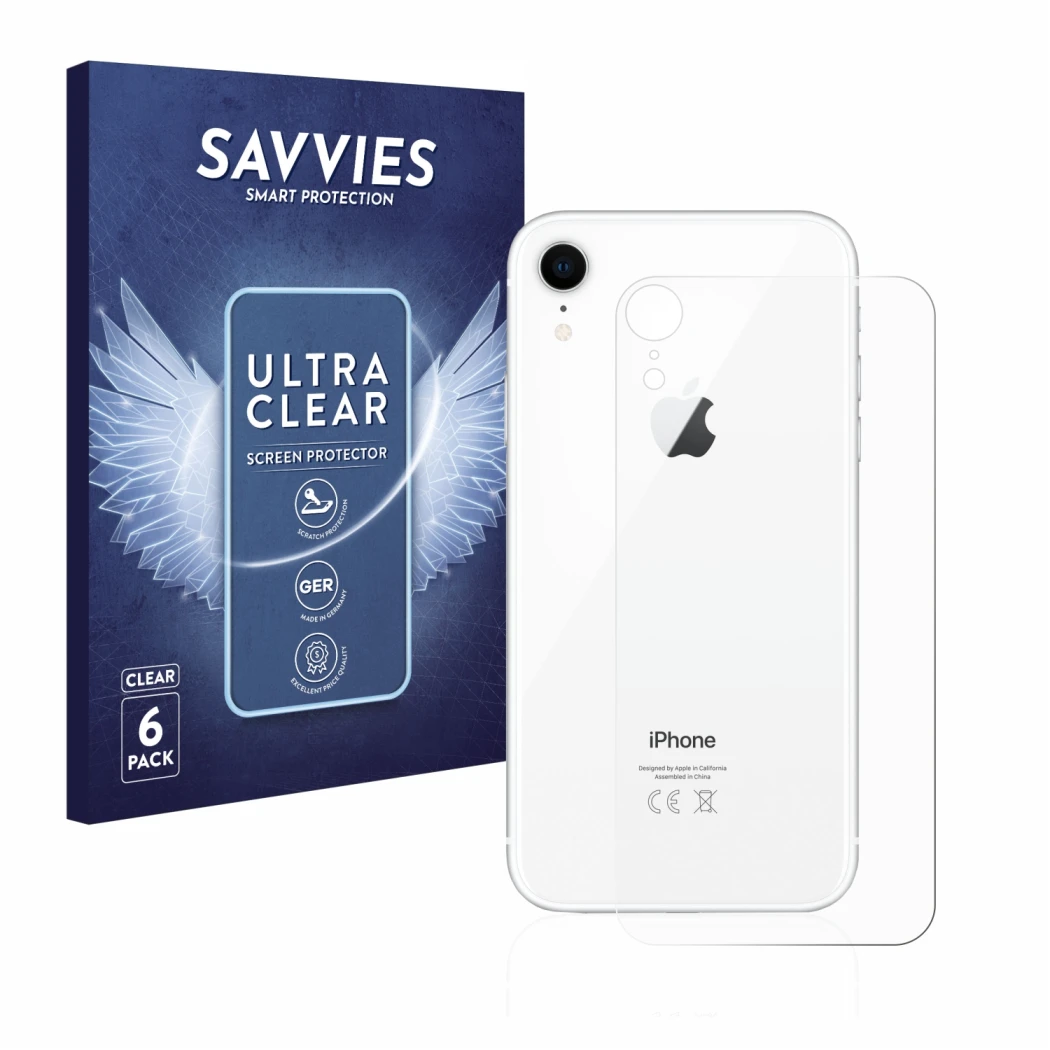 Face avant d’un emballage produit avec le logo de la marque Savvies. À côté, l’appareil Apple iPhone XR (Le dos) est représent