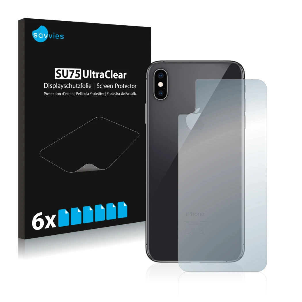 Face avant d’un emballage produit avec le logo de la marque Savvies. À côté, l’appareil Apple iPhone Xs Max (Le dos) est repré