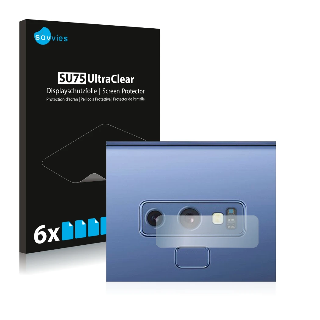 Face avant d’un emballage produit avec le logo de la marque Savvies. À côté, l’appareil Samsung Galaxy Note 9 (Caméra UNIQUEME