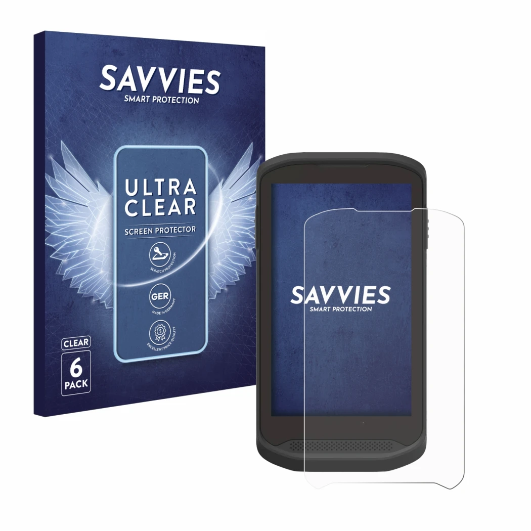 Face avant d’un emballage produit avec le logo de la marque Savvies. À côté, l’appareil Zebra TC25 est représenté avec la prot