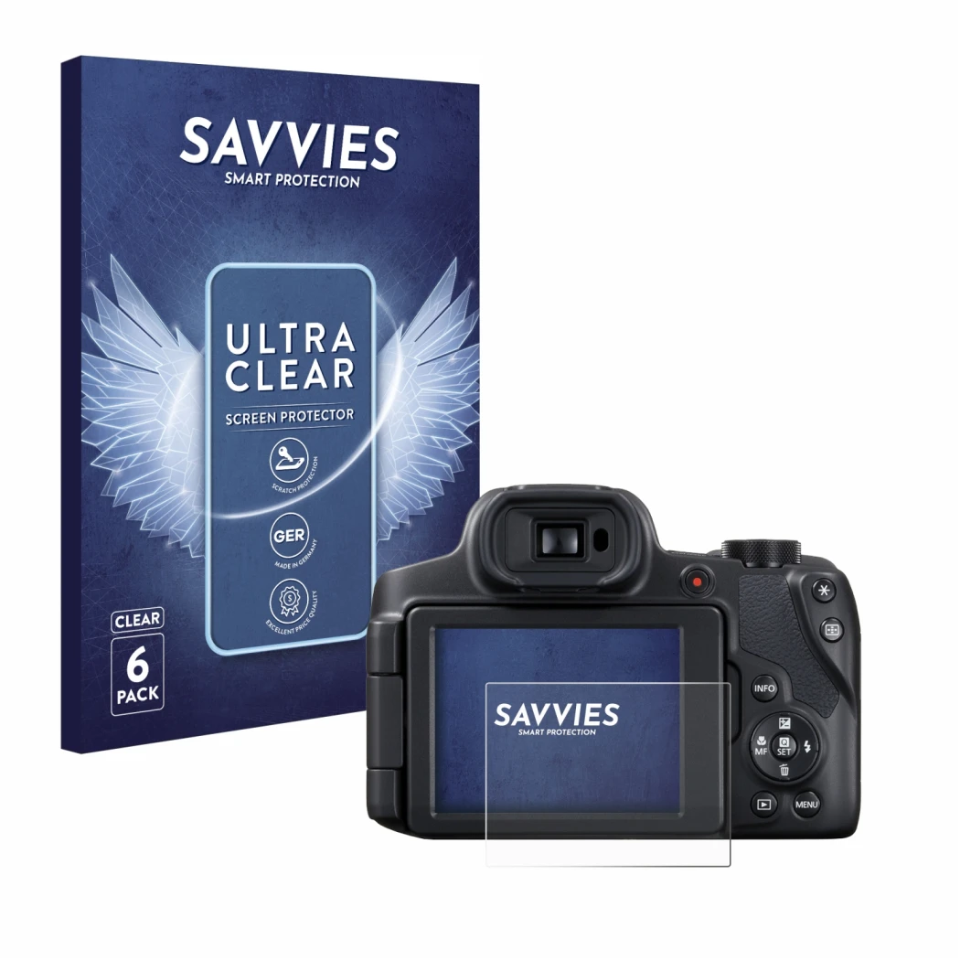 Face avant d’un emballage produit avec le logo de la marque Savvies. À côté, l’appareil Canon PowerShot SX70 HS est représenté