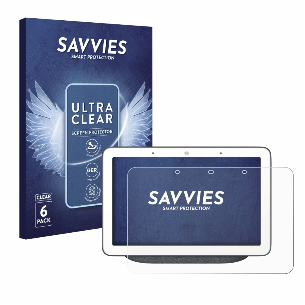 Face avant d’un emballage produit avec le logo de la marque Savvies. À côté, l’appareil Google Home Hub est représenté avec la