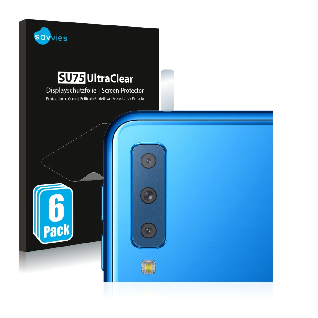 Face avant d’un emballage produit avec le logo de la marque Savvies. À côté, l’appareil Samsung Galaxy A7 2018 (Caméra UNIQUEM