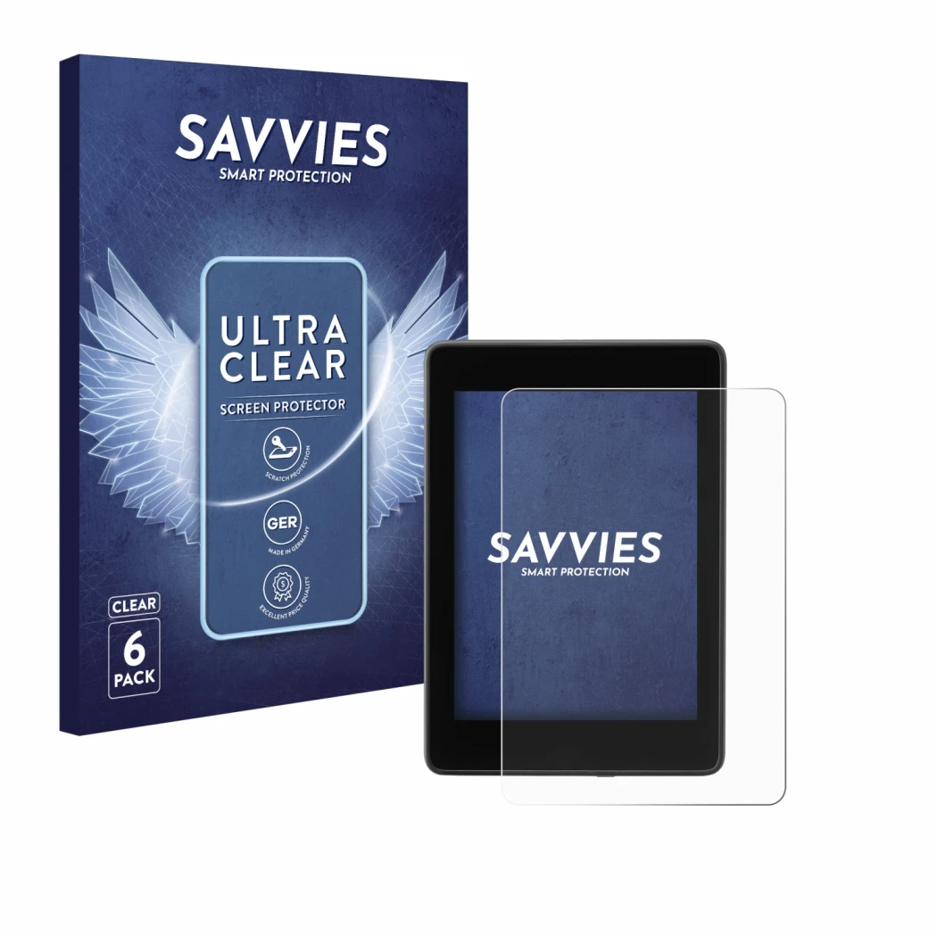 Face avant d’un emballage produit avec le logo de la marque Savvies. À côté, l’appareil Amazon Kindle Paperwhite 2018 (10ème G