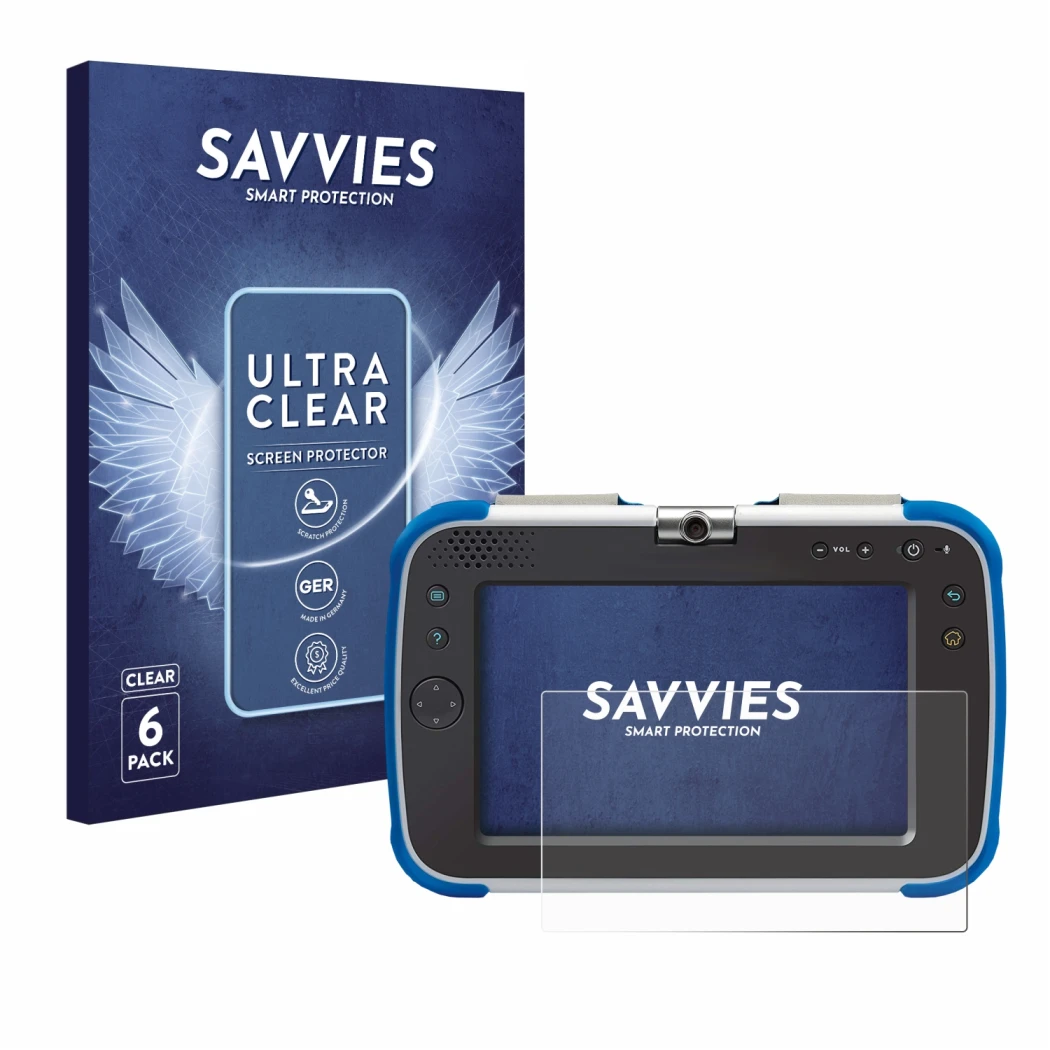 Face avant d’un emballage produit avec le logo de la marque Savvies. À côté, l’appareil Vtech Storio Max XL 2.0 est représenté