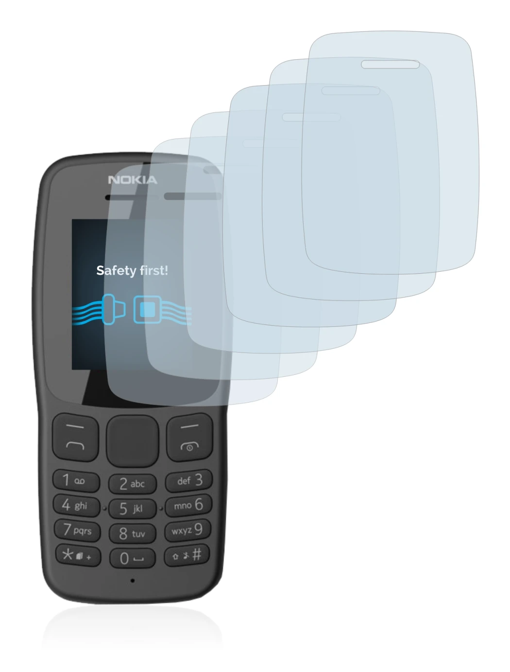 Image de l'appareil Nokia 106 2018 avec une grande variété de protections d'écran.