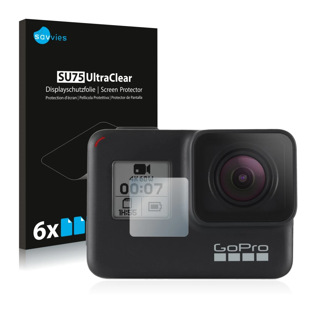 Face avant d’un emballage produit avec le logo de la marque Savvies. À côté, l’appareil GoPro Hero 7 Black (Affichage avant) e