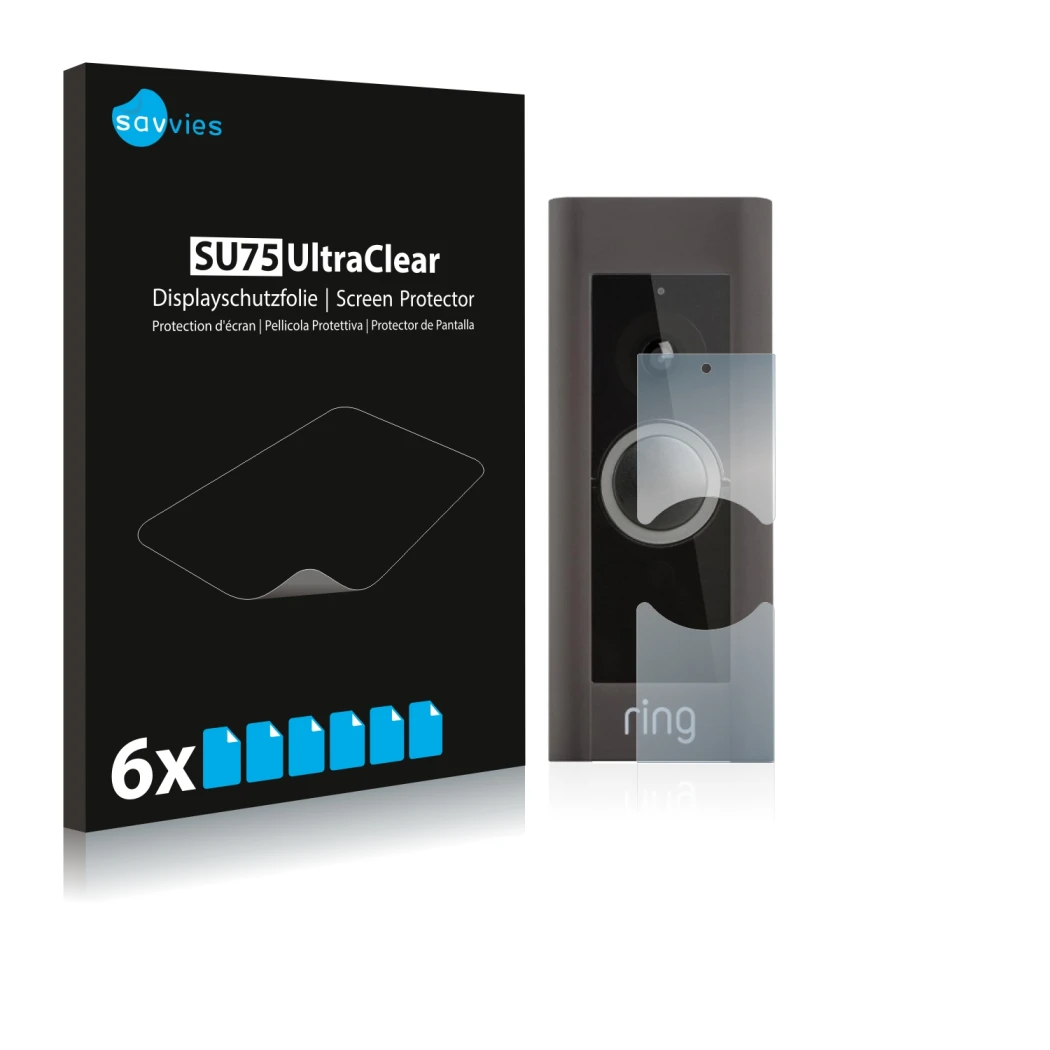 Face avant d’un emballage produit avec le logo de la marque Savvies. À côté, l’appareil Ring Video Doorbell Pro est représenté