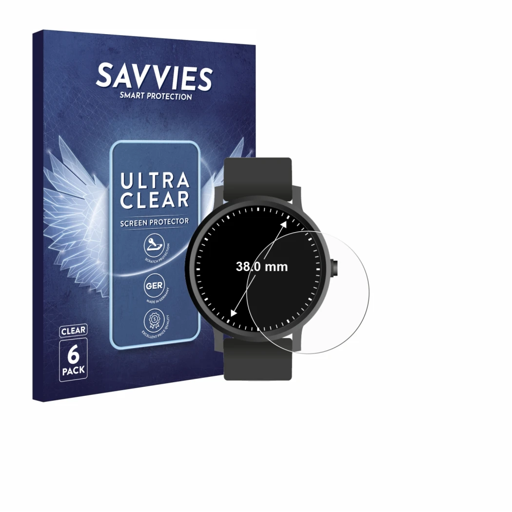 Face avant d’un emballage produit avec le logo de la marque Savvies. À côté, l’appareil Circulaire Displays (ø: 38 mm) est rep